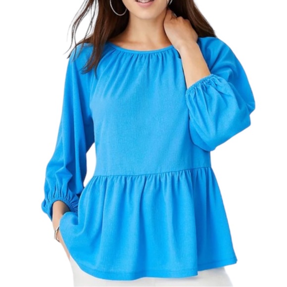 Ann Taylor NWT Vivid Sky Blue 3/4 Raglan Puffy Sleeve Blouson Peplum Top - Picture 12 of 12